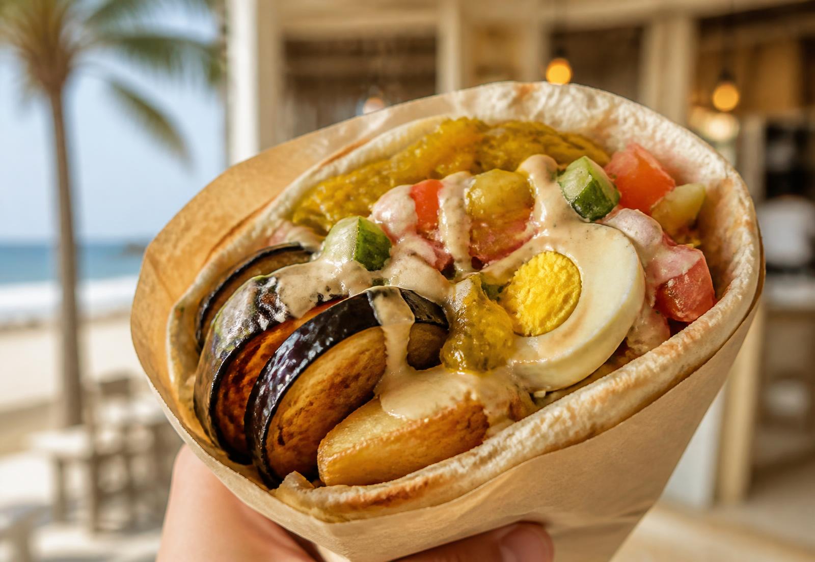 Sabich pita with fried eggplant, egg, potato, Israeli salad and tahini